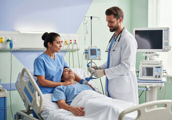 Obraz premium Doctor and nurse treating patient in hospital bed