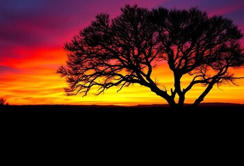 Fototapeta premium Dark tree silhouette against vibrant sunset sky, sun, shadows
