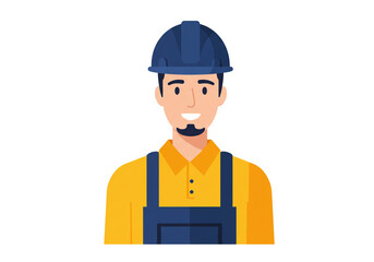 Illustration of a smiling construction worker wearing a hard hat and overalls on a white background