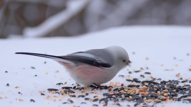 Adorable Long-Tailed Tit Bird Feeding on Seeds in Winter Snow