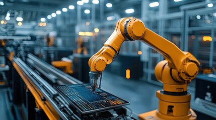 Advanced industrial automation with robotic arm controlled via tablet in smart manufacturing. 