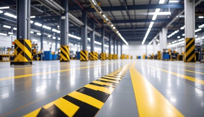 Fototapeta premium Wide-angle view of a modern warehouse interior featuring yellow and black safety markings on the floor