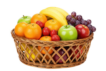 Many different fresh fruits in wicker basket isolated background
