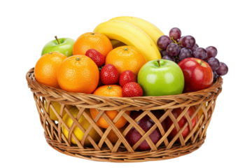 Many different fresh fruits in wicker basket isolated background