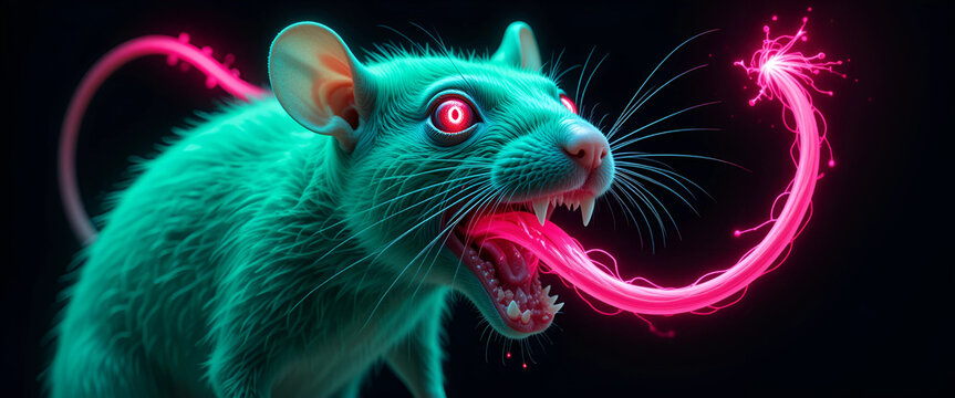 A trippy artwork of a seafoam green rat with glowing scarlet pupils, jagged silver teeth, and an ultra-long fluorescent pink tongue dangling like a streamer. 