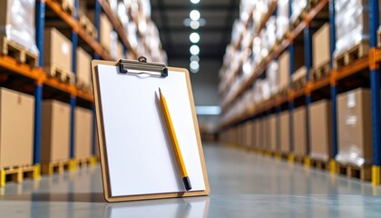 Clipboard and pencil in a warehouse aisle filled with stacked cardboard boxes, indicating inventory