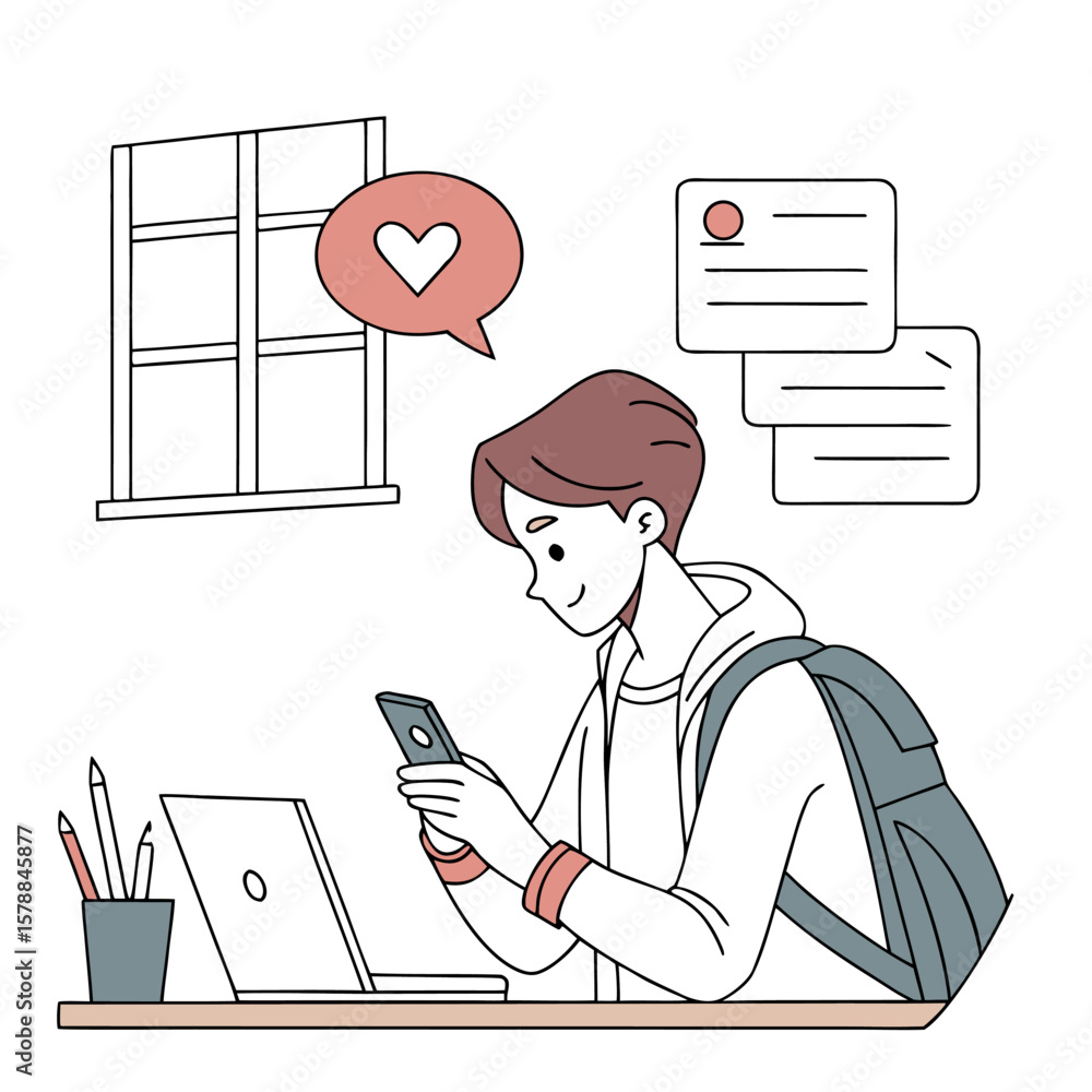 Poster illustration of a student using a smartphone at a desk with laptop and window in the background at h