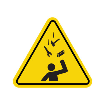 warning sign for falling objects hazard with worker and tools, yellow triangular safety alert for construction
