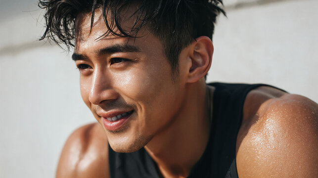Young man in a black tank top smiling confidently post-workout against a light background - Powered by Adobe