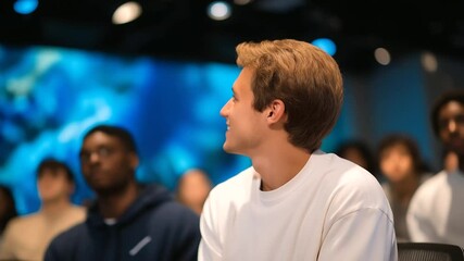 Engaged speaker in classroom with cool lighting and modern design