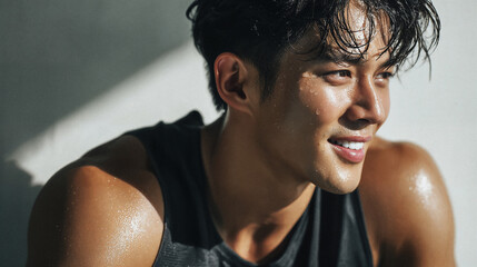 Close-up of a male athlete sweating after intense training