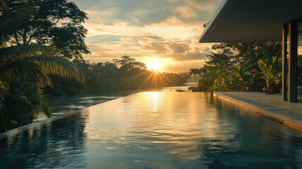 Stunning infinity pool overlooking a tranquil river at sunset in a tropical rainforest setting. Modern architecture with lush greenery surrounds the pool.