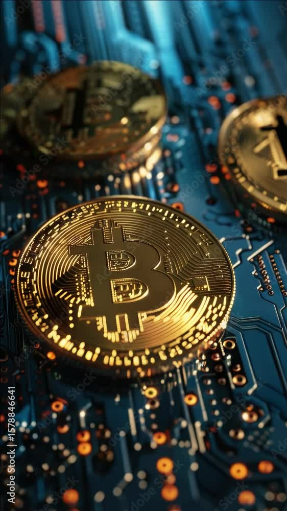 Poster bitcoins on a circuit board, symbolizing digital currency and blockchain technology.