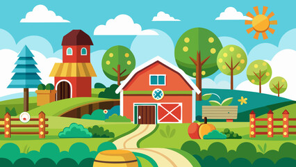 Charming cartoon farm scene with red barns trees and a sunny sky