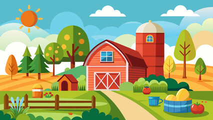 Vibrant cartoon farm scene with red barn silo and sunny sky