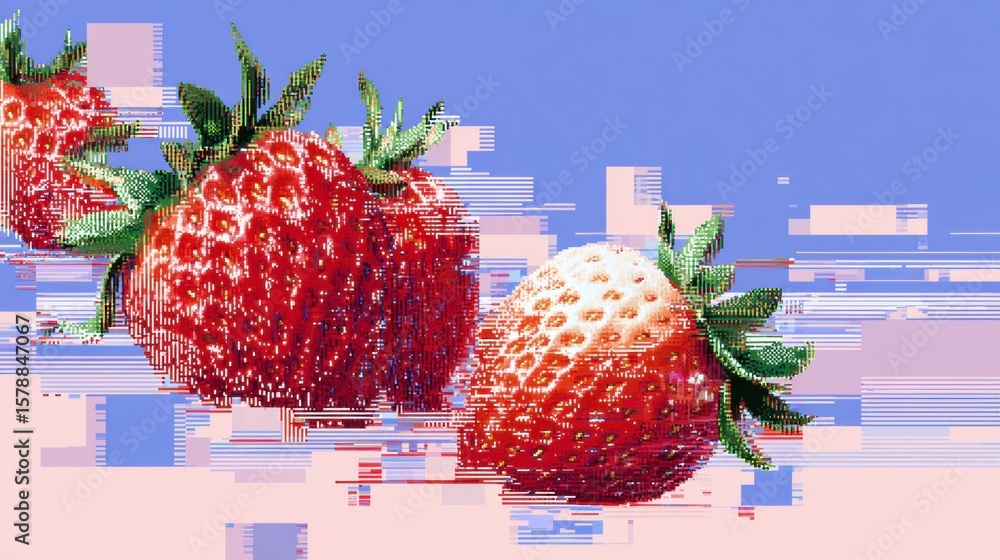 Poster floating pixel-style strawberries create a vibrant visual amidst a unique glitch background in moder
