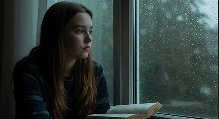 Pensive Young Woman Reading by a Rain-Streaked Window