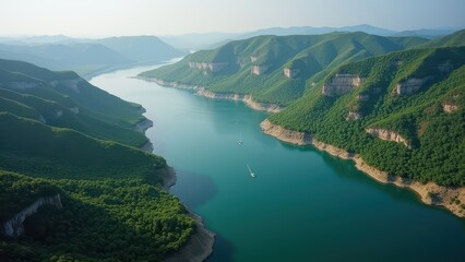 Obraz premium Serene River Valley: An aerial perspective unveils a winding river carving its way through majestic mountain cliffs, showcasing nature's beauty, with clear water reflecting the sky above.