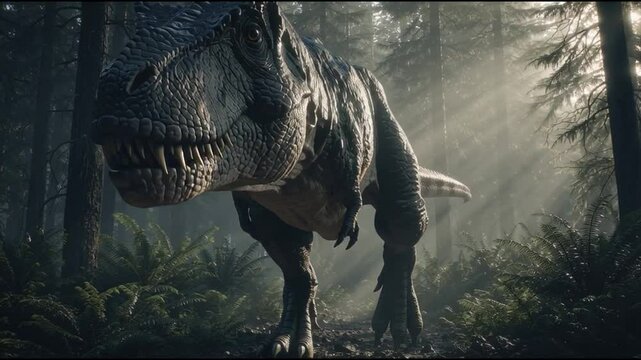 A Tyrannosaurus Rex in a dense forest, with detailed scales and a menacing gaze. The sun casts shadows and highlights the realistic details of the dinosaur in its natural habitat.