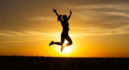 Woman Jumping for Joy at Sunset