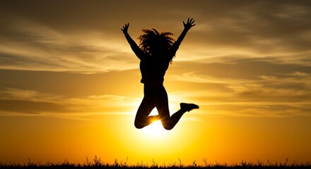A silhouette of a woman leaping into the air with outstretched arms against a vibrant orange and yellow sunset, symbolizing joy and freedom.