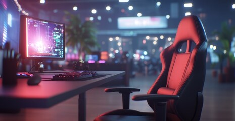 Obraz premium Red gaming chair and computer setup in esports arena