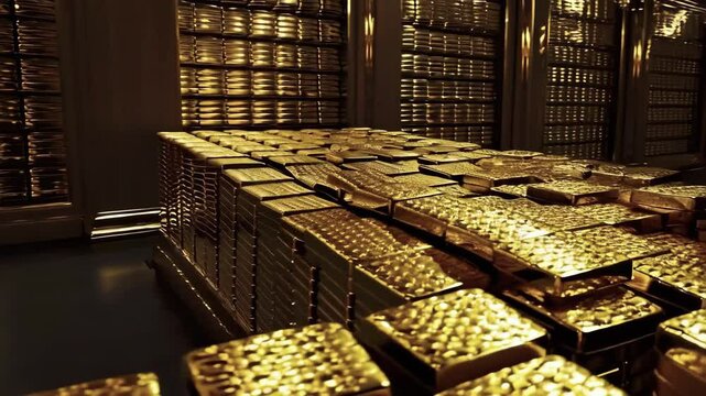 Endless stacks of gleaming gold bars fill secure vault room, metallic reflections dancing across polished surfaces. Ultra-high-security bullion storage. Government gold depository interior