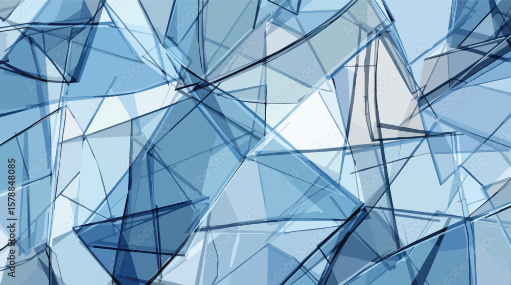 Poster abstract geometric background of overlapping transparent blue glass shards and fragmented shapes.