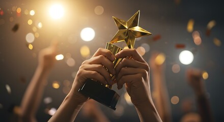 Hands Holding Up a Golden Star Trophy with Confetti