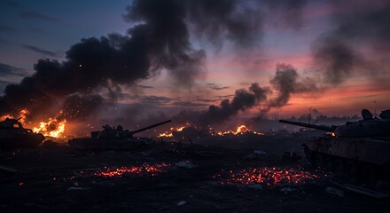 Tanks Amidst Fire and Smoke at Sunset