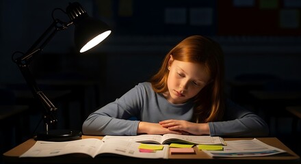 Diligent Young Girl Studying Late at Night Under Desk Lamp