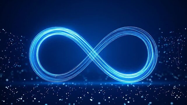 Luminous blue infinity symbol on a deep blue background with bokeh and connected dots