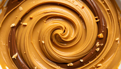 A close-up shot of creamy peanut butter with a smooth swirl texture, highlighting its rich and delicious look.