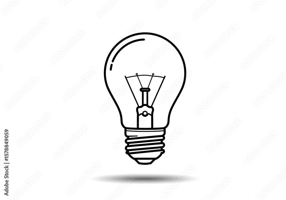 Poster a simple line drawing of a lightbulb with a visible filament on a white background with a shadow