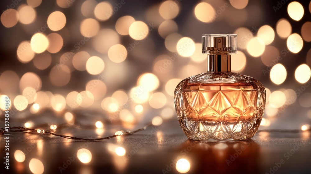Canvas Prints elegant perfume bottle with warm bokeh lights.