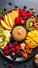 A vibrant platter filled with fresh fruits, nuts, and a creamy dip, perfect for healthy snacking and gatherings.