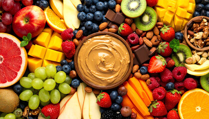 A vibrant display of assorted fruits, nuts, and a bowl of peanut butter creates a healthy, colorful snack idea.
