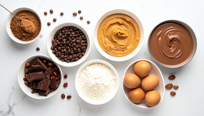 Assorted baking ingredients including chocolate, eggs, flour, and peanut butter arranged neatly in white bowls.