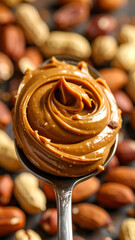 Creamy peanut butter swirled on a spoon, surrounded by mixed nuts. Perfect for breakfast or snacking.