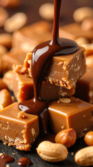 Decadent chocolate dripping over creamy caramel cubes, surrounded by crunchy peanuts in a tempting dessert display.