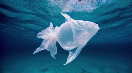 Plastic bag floating in the ocean shaped like a fish surrounded by marine debris and pollution concept of environmental damage ocean plastic waste ecological awareness for conservation design