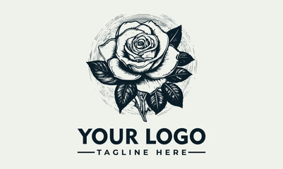 A detailed black and white illustration of a rose with leaves, in a circular background.