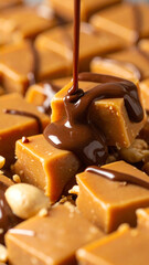 Delicious caramel cubes drizzled with rich chocolate, perfect for sweet treat lovers and dessert recipes.