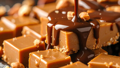 Delicious chocolate drizzled over smooth caramel squares, a decadent treat for dessert lovers and confectionery enthusiasts.