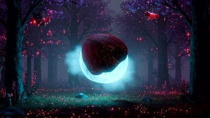 Mystical glowing coconut sphere in enchanting pink and purple fantasy forest scenery - Powered by Adobe