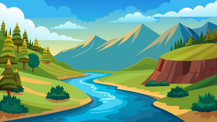 Vibrant cartoon landscape with a winding river flowing through green hills and majestic mountains