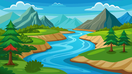 Serene mountain landscape with winding blue river and green trees