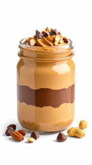 Delicious layered peanut and chocolate spread in a jar, topped with nuts and chocolate pieces, perfect for snacks.