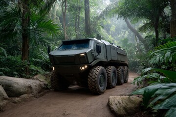 Fototapeta premium Armored Transport Truck in Rough Terrain Surrounded by Dense Jungle