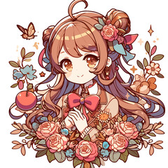 Cute anime girl with floral decorations and butterfly in illustration  